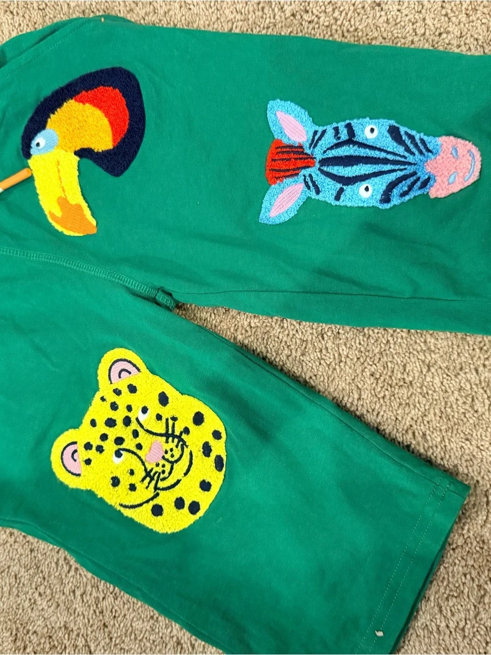 Mini Boden Blue Top and Green Animal Patch Shorts